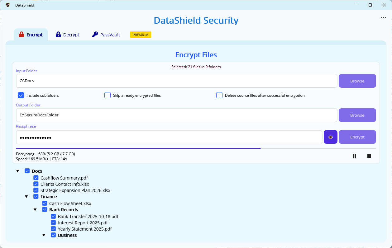 DataShield encrypting a folder with progress